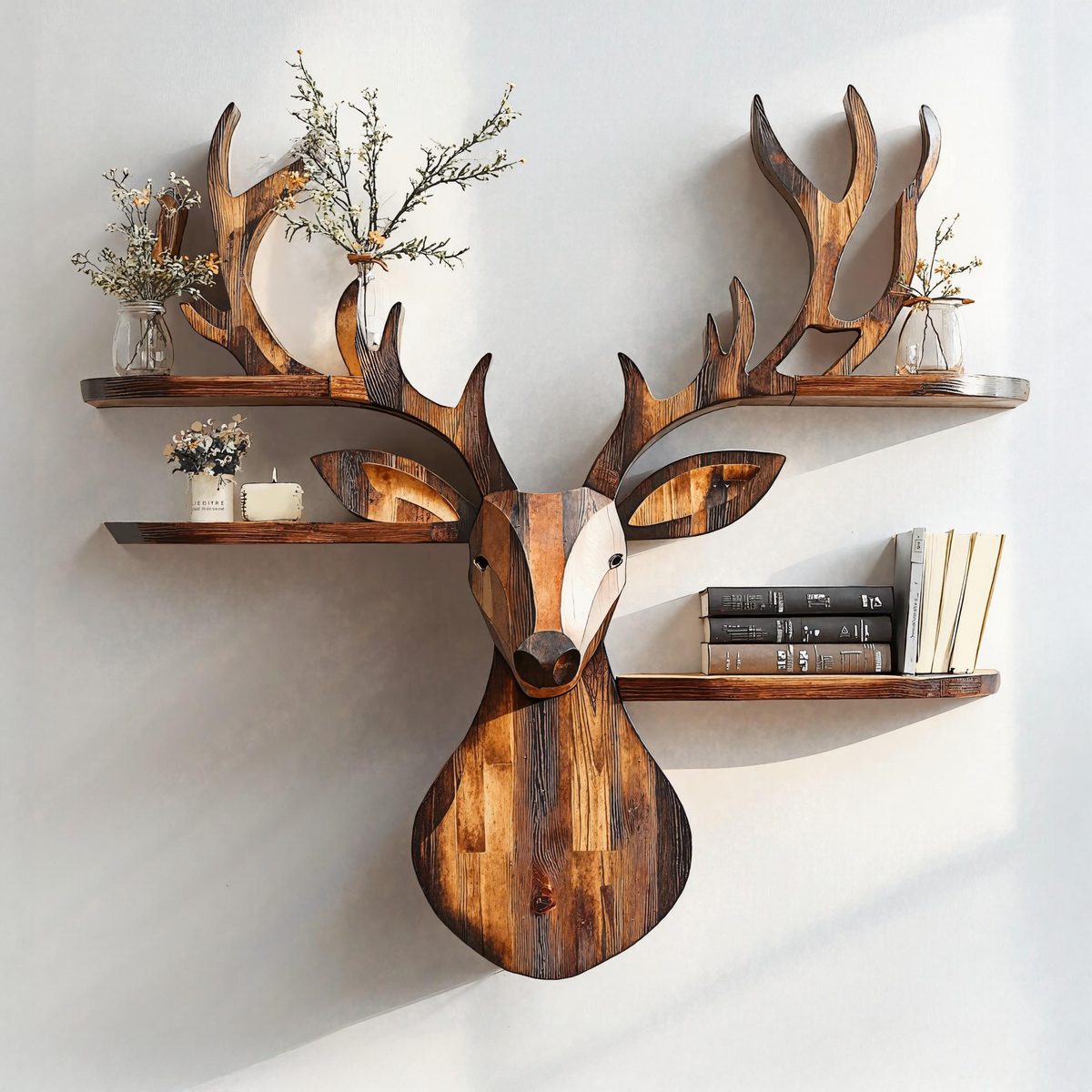 Rustic Handcrafted Wood Deer Shelf For Living Room Decor