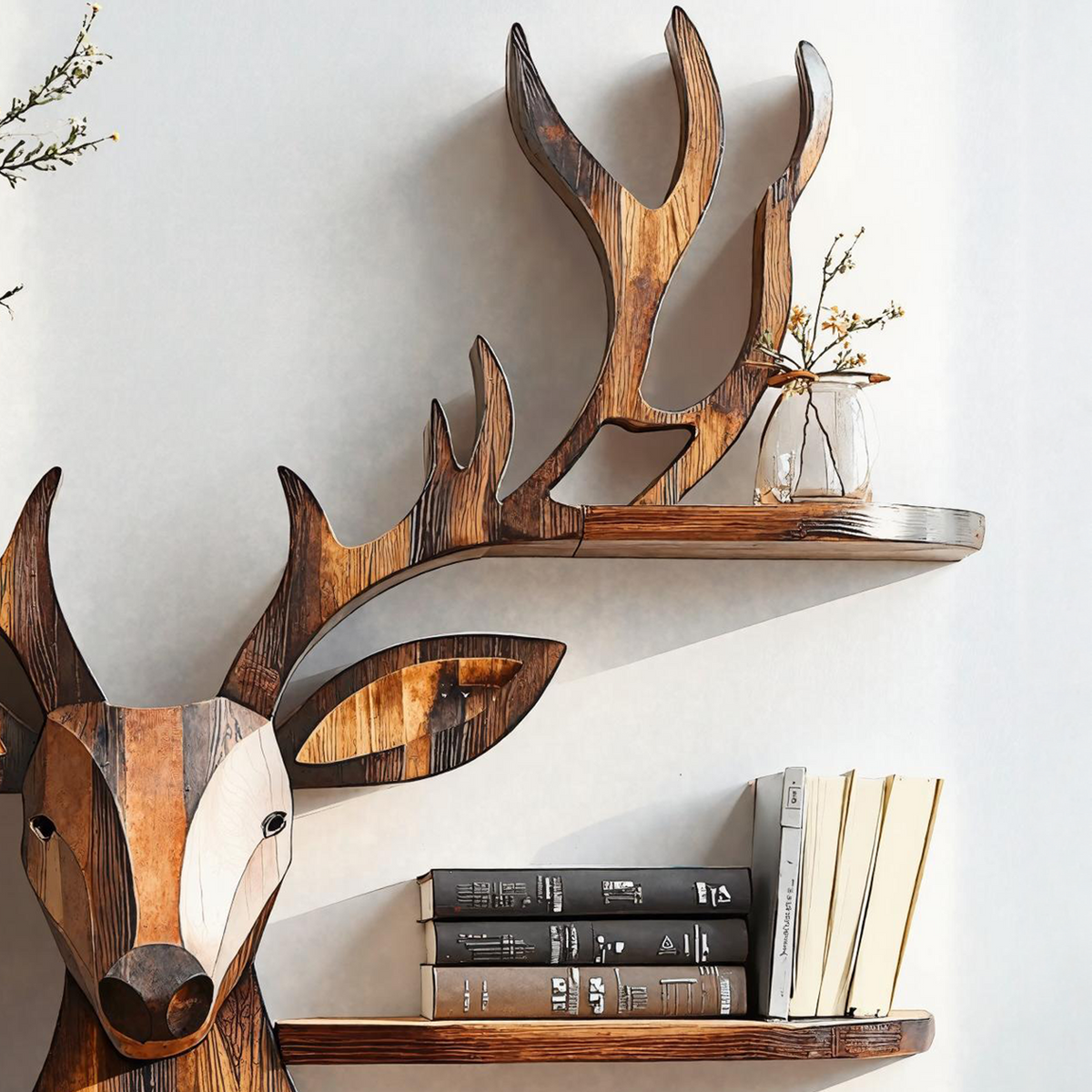 Rustic Handcrafted Wood Deer Shelf For Living Room Decor