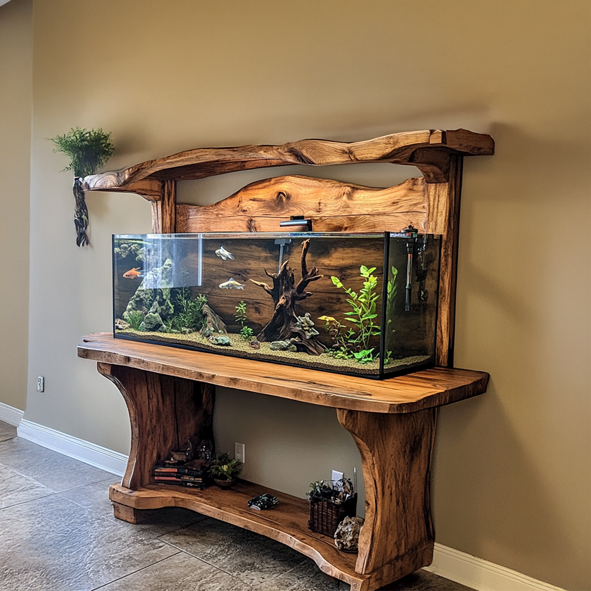 Wood Tank Fish Wooden Aquarium Shelf Decor Living Room Gift