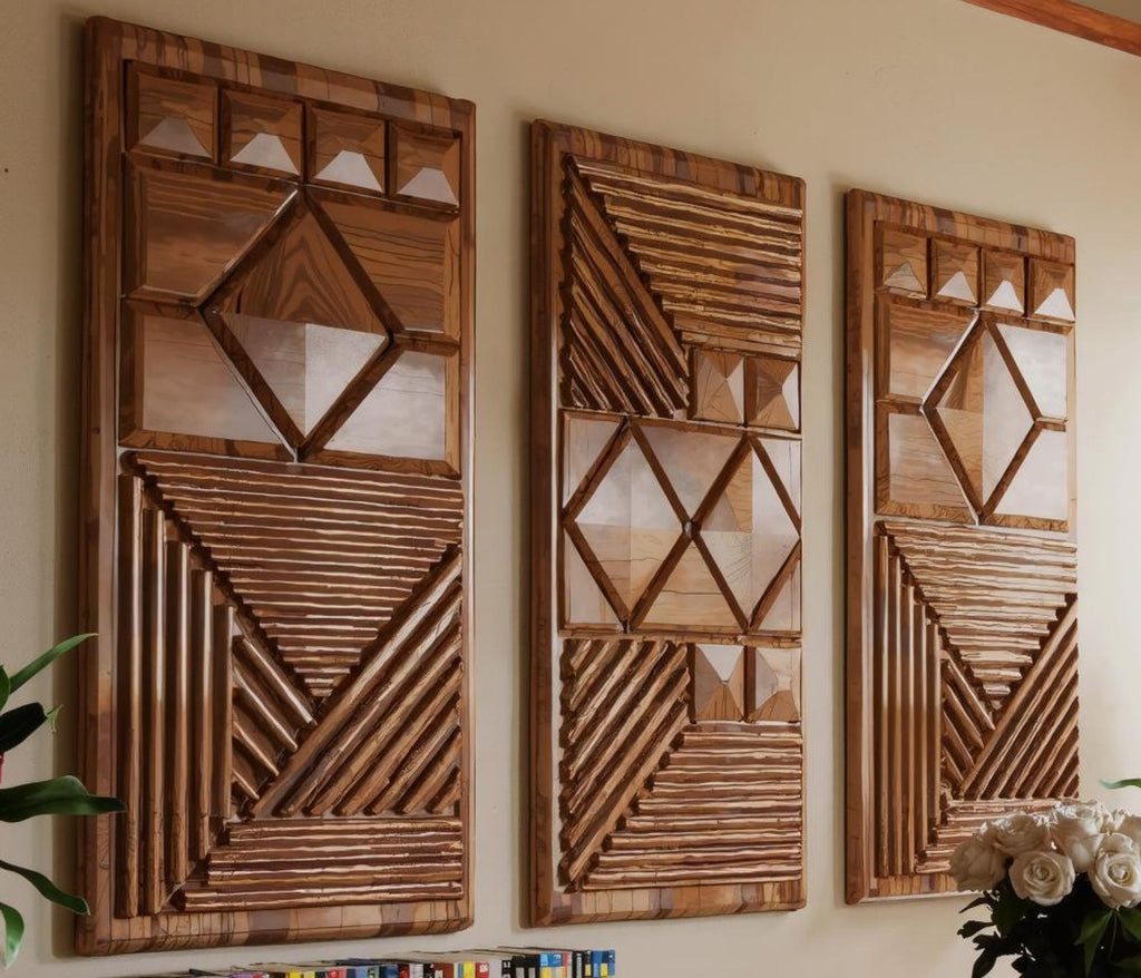 Set 3Pc Geometric Carved Wood Wall Art Panels For Living Room