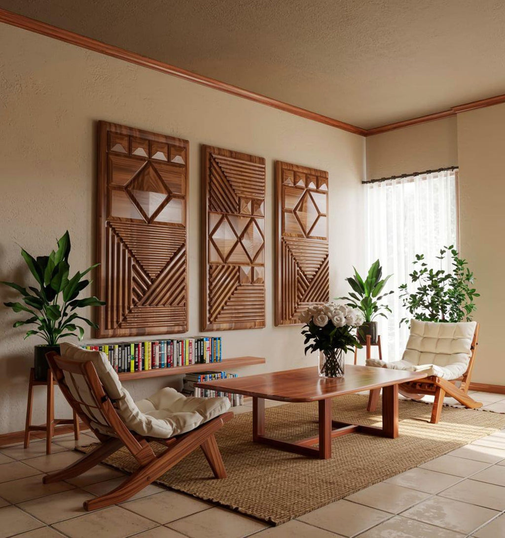 Set 3Pc Geometric Carved Wood Wall Art Panels For Living Room