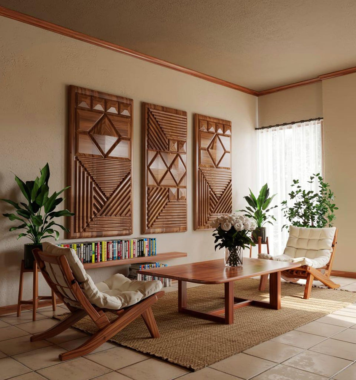 Set 3Pc Geometric Carved Wood Wall Art Panels For Living Room