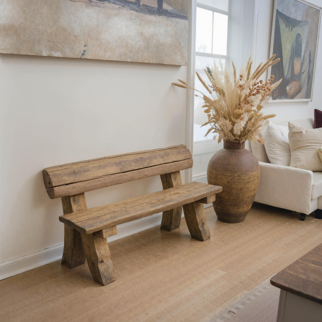 Rustic Wooden Bench With Backrest For Garden Patio Porch And Entryway