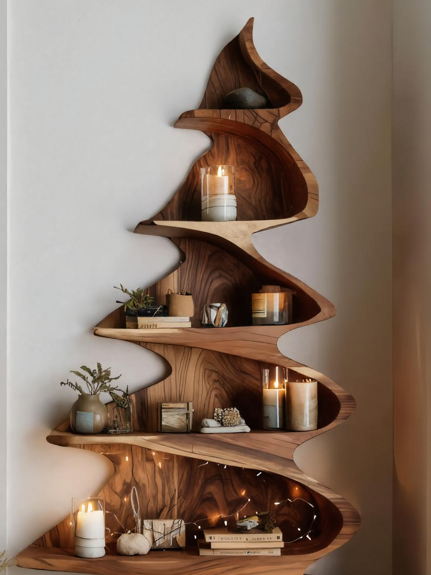Rustic Handcrafted Christmas Tree Shelf For Holiday Display