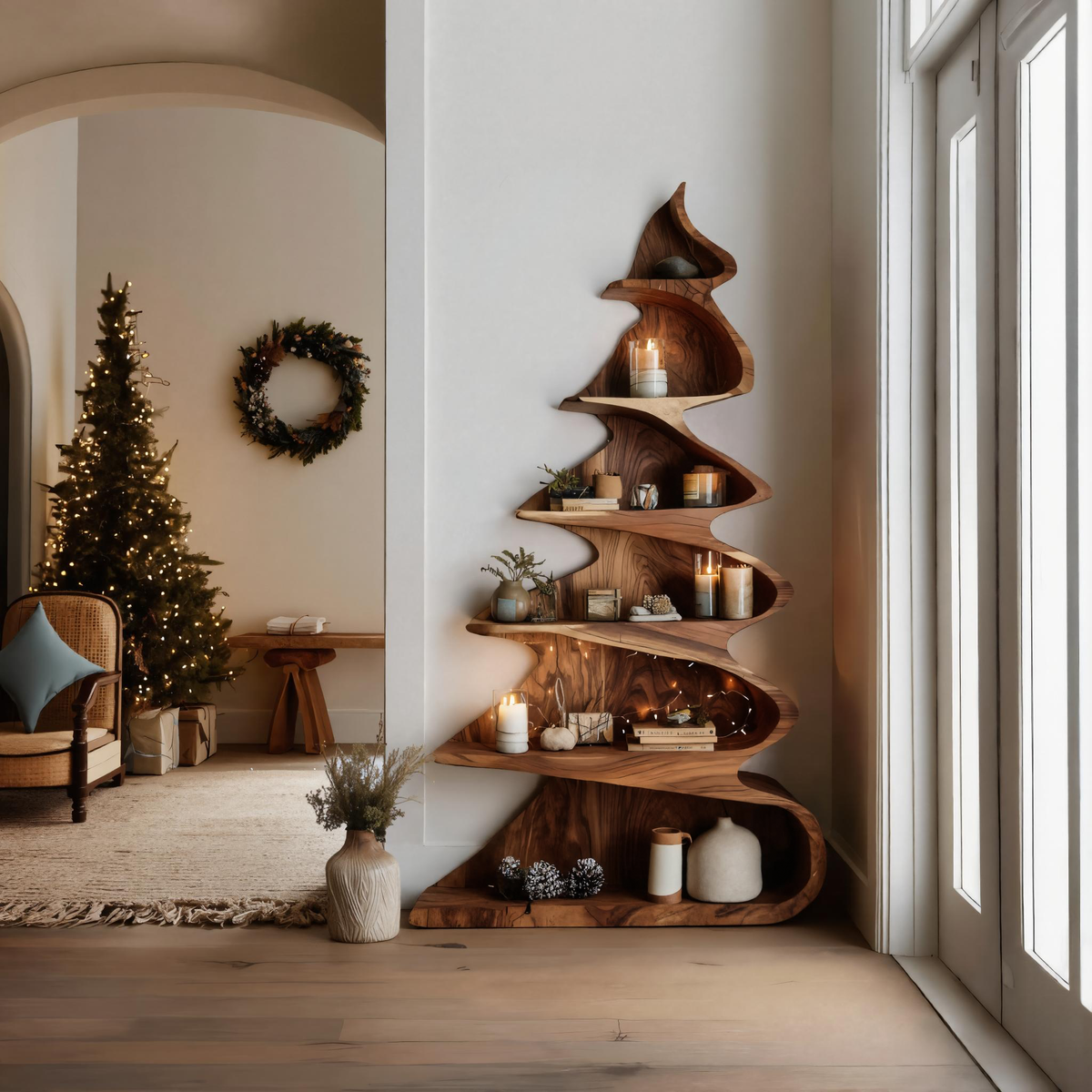 Rustic Handcrafted Christmas Tree Shelf For Holiday Display