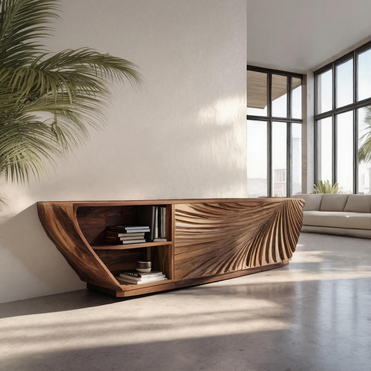 Modern Sideboard With Carved Wave For Living Room Or Dining