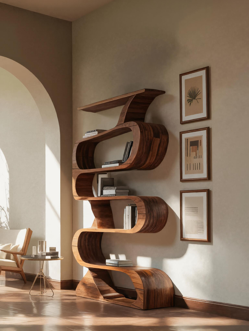 Modern Bookshelf With Curved Design For Living Room