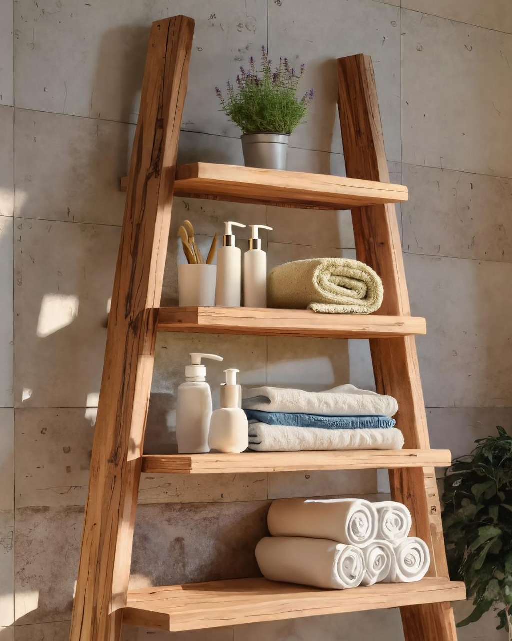 A-Frame Ladder Shelf With Open Tiers For Bathroom