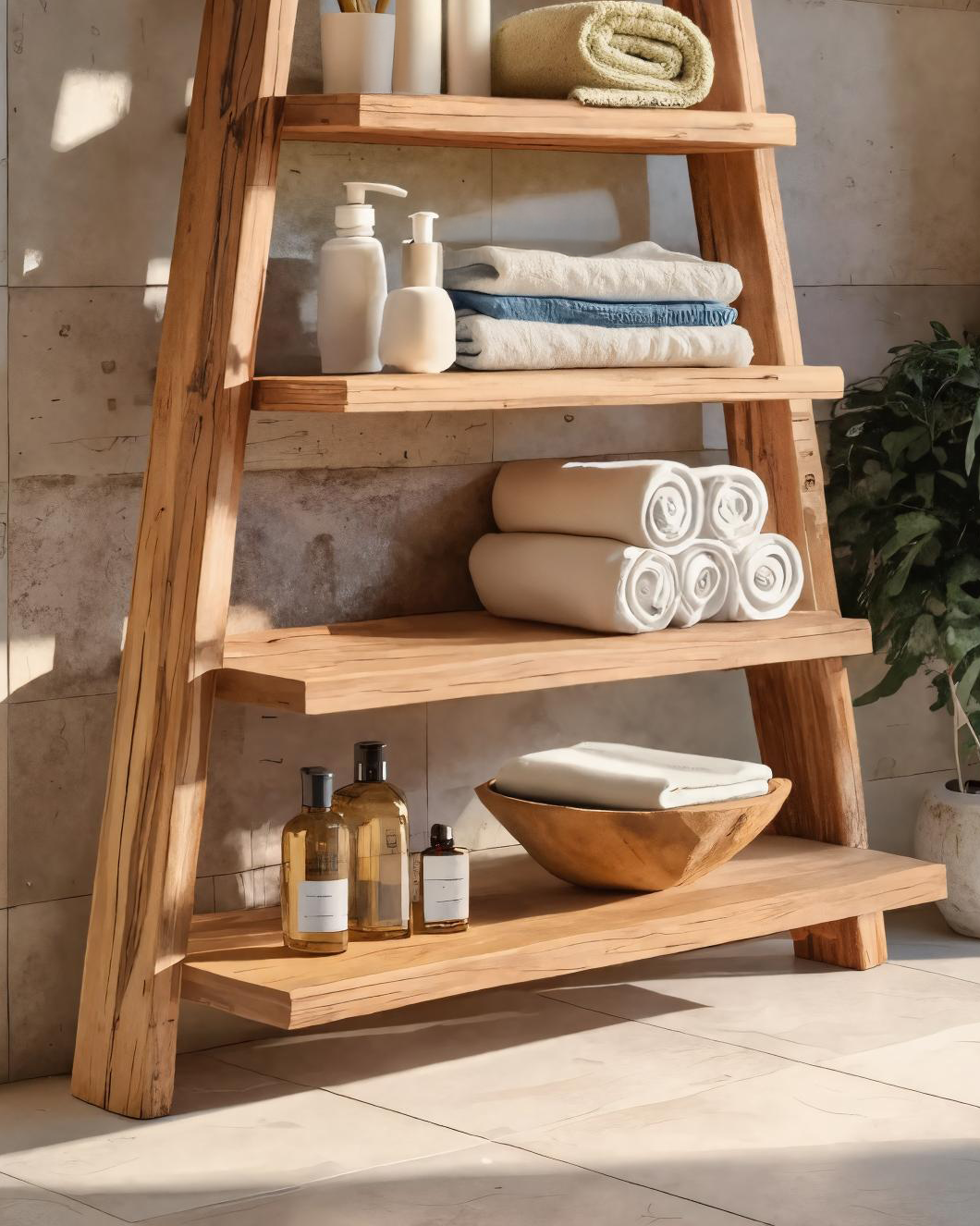 A-Frame Ladder Shelf With Open Tiers For Bathroom