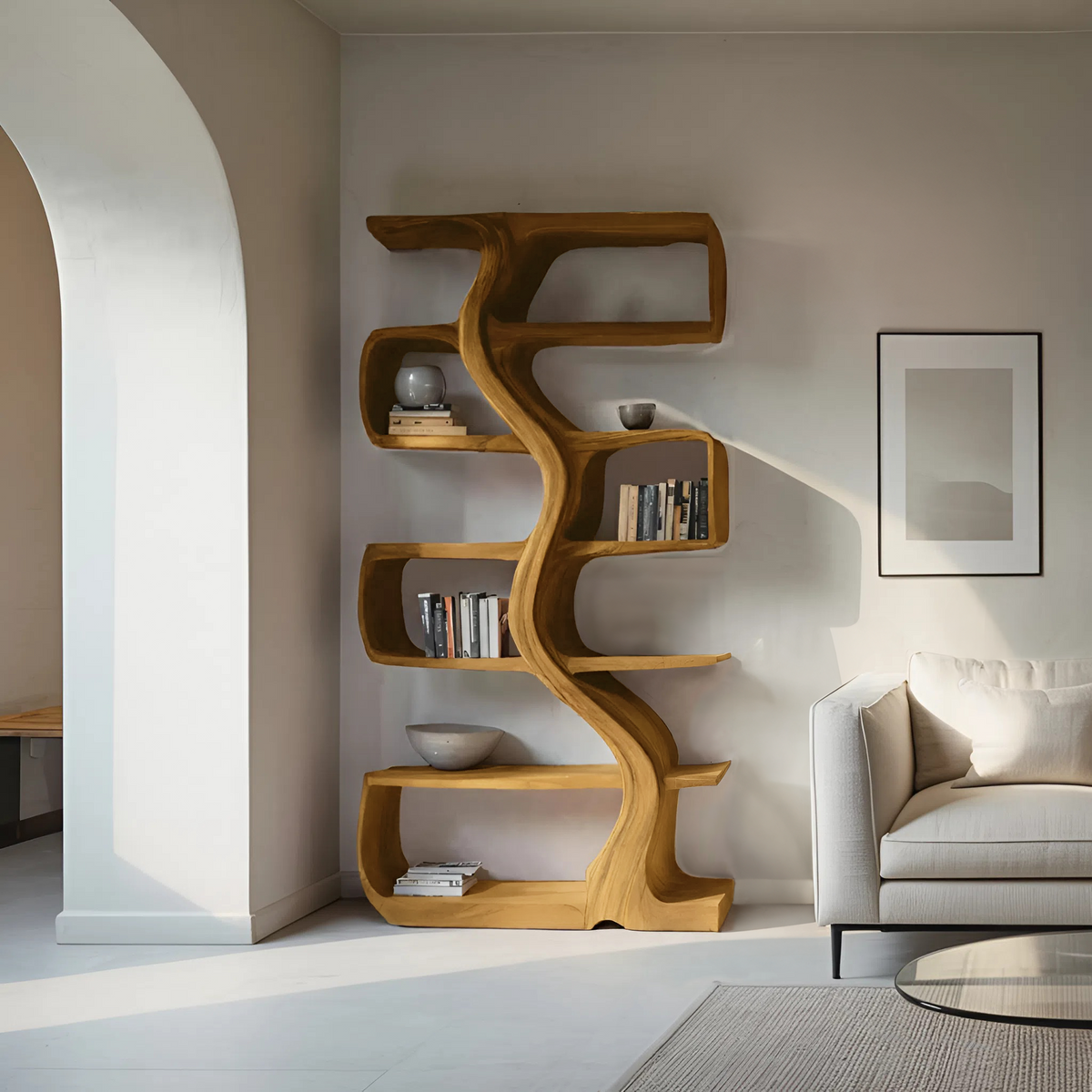 Organic Sculptural Bookshelf With Wavy Design For Living Room