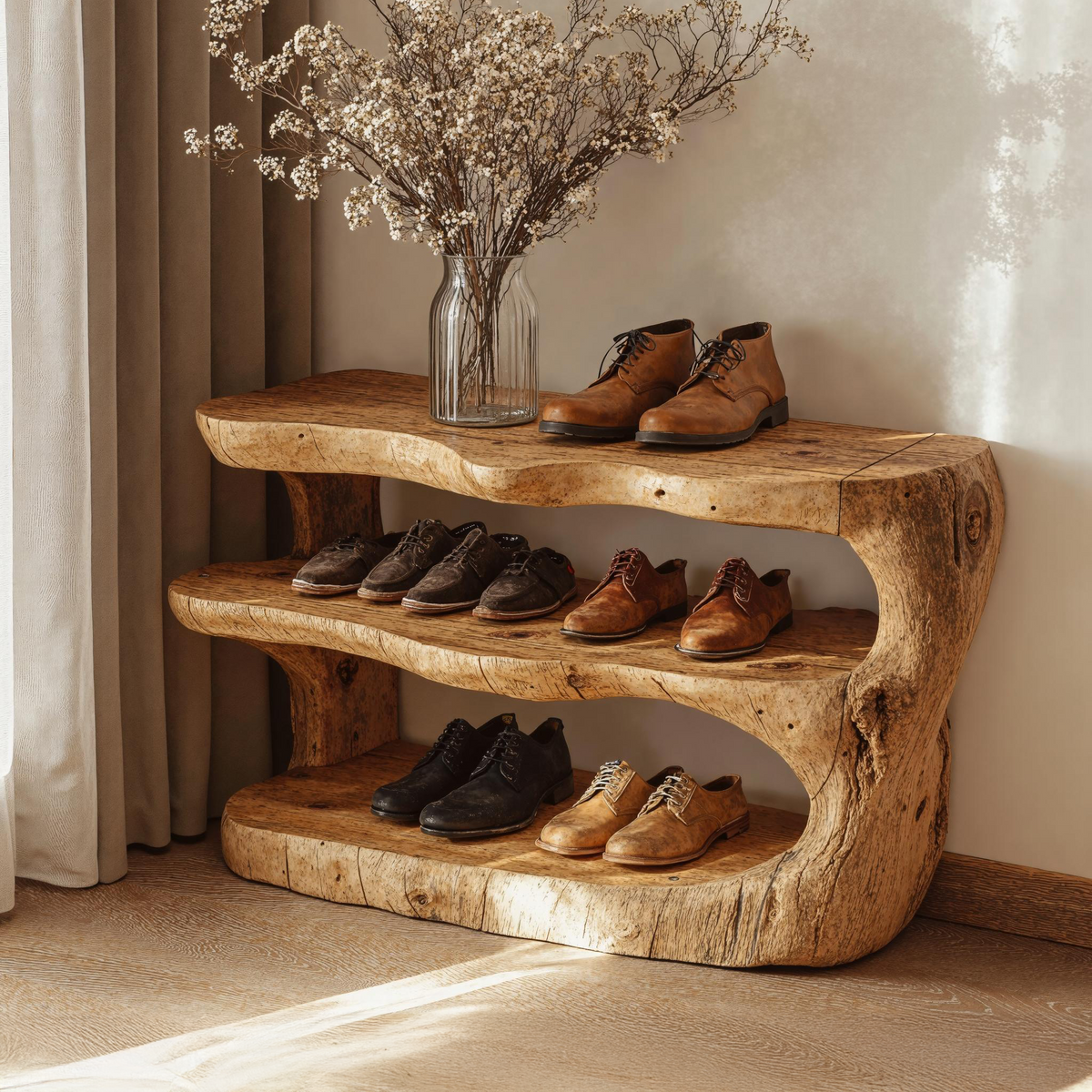 Wooden Entryway Shoe Bench With Shelves For Storage