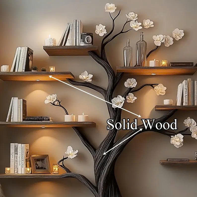 Rustic Wood Wall Mounted Tree Bookcase Decor Home Gift