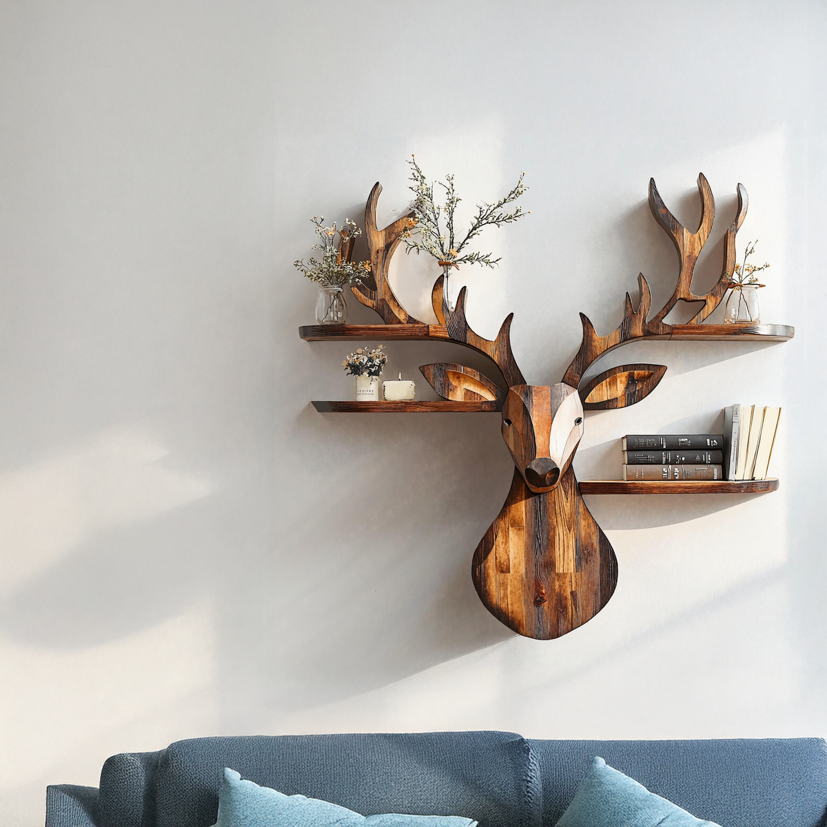 Rustic Handcrafted Wood Deer Shelf For Living Room Decor