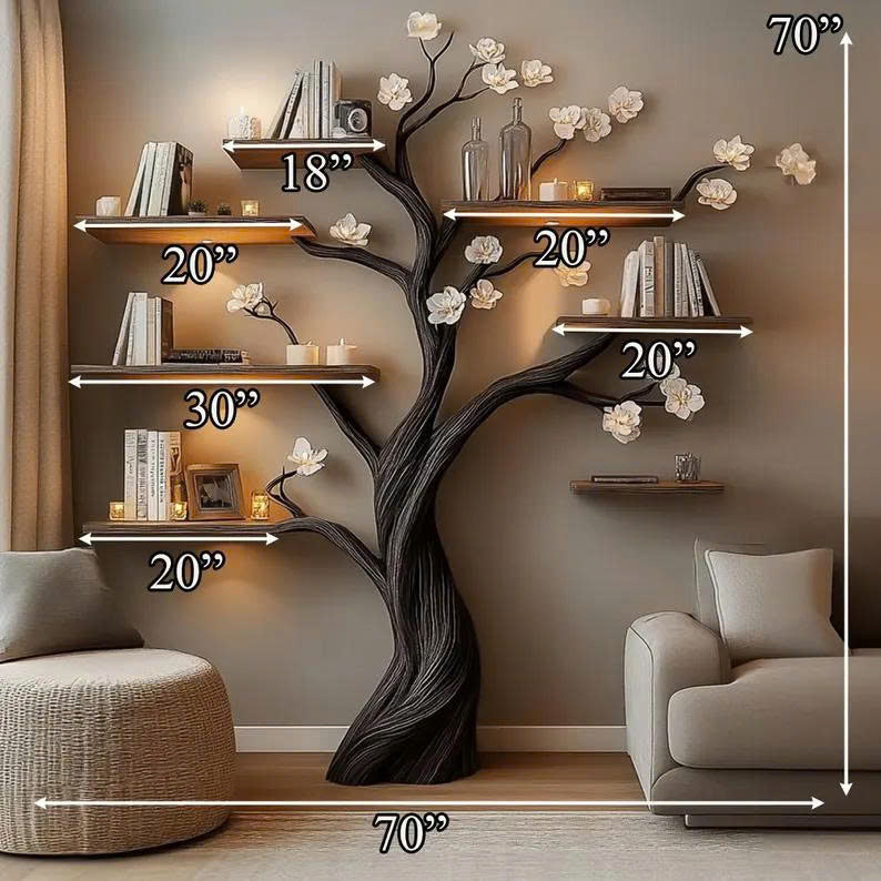 Rustic Wood Wall Mounted Tree Bookcase Decor Home Gift