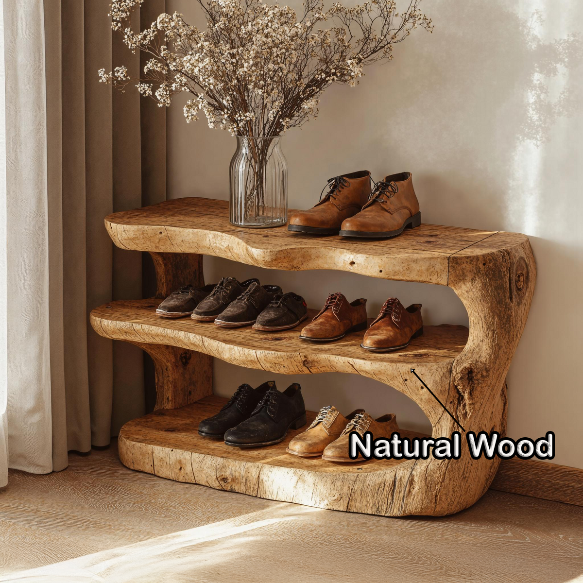 Wooden Entryway Shoe Bench With Shelves For Storage