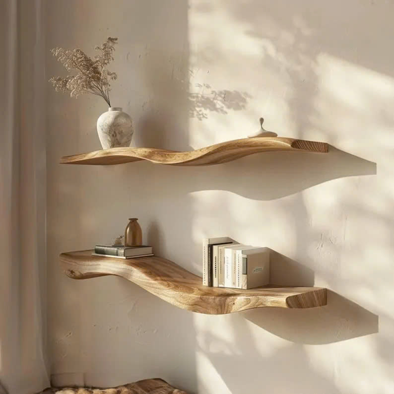 Rustic Wavy Floating Shelf Live Edge Decorative For Living Room