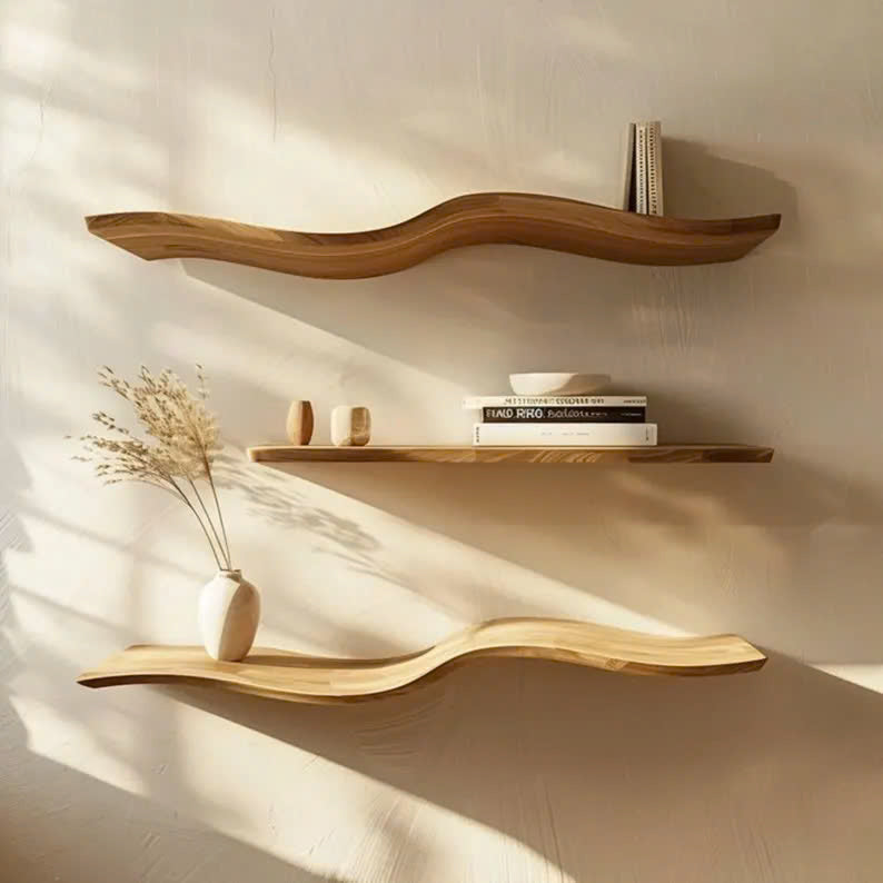 Rustic Wavy Floating Shelf Live Edge Decorative For Living Room